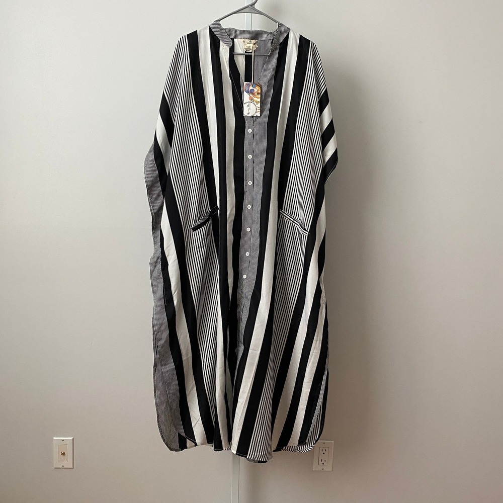 Gypsie Blu OS Black White Striped Caftan Dress Button Front Pocket Maxi Kaftan